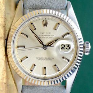 ROLEX DATEJUST 1601 Vintage hands SILVER INDEX DIAL FLUTED GREY LEATHER WATCH